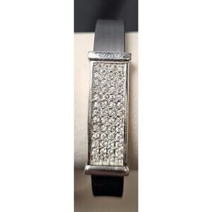 925 Sterling Silver Pave CZ Rhinestone & Black Silicone Rubber Bracelet 8.25"
